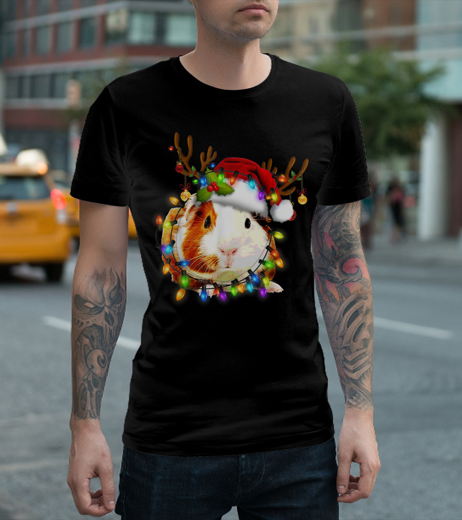 Guinea Pig with Christmas Lights and Reindeer Antlers in Santa Hat T-Shirt