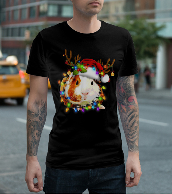 Guinea Pig With Christmas Lights And Reindeer Antlers In Santa Hat T-Shirt