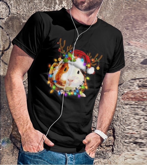 Guinea Pig With Christmas Lights And Reindeer Antlers In Santa Hat T-Shirt
