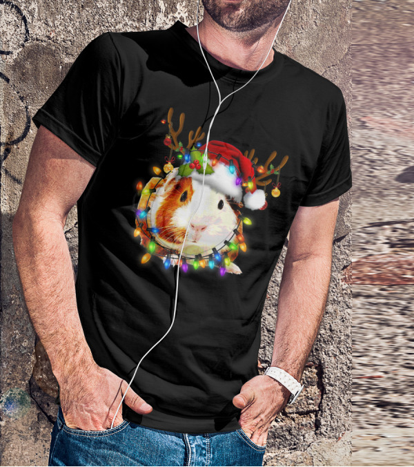 Guinea Pig With Christmas Lights And Reindeer Antlers In Santa Hat T-Shirt