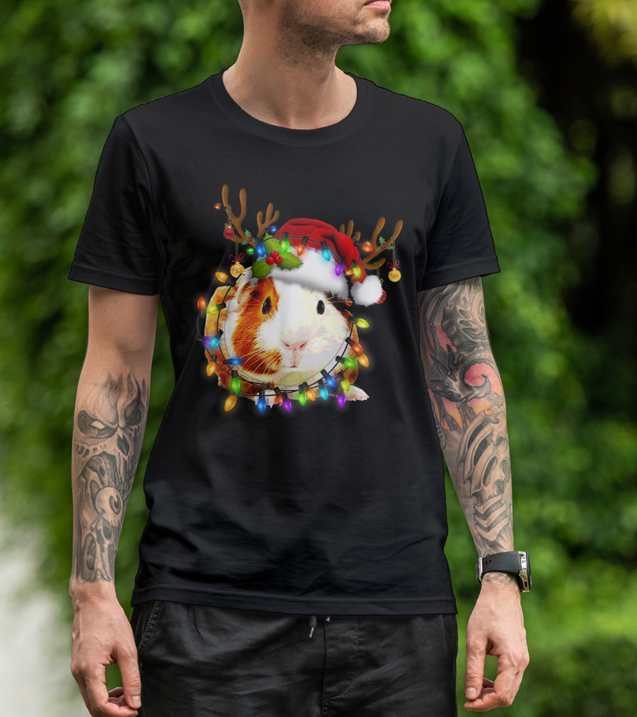 Guinea Pig With Christmas Lights And Reindeer Antlers In Santa Hat T-Shirt