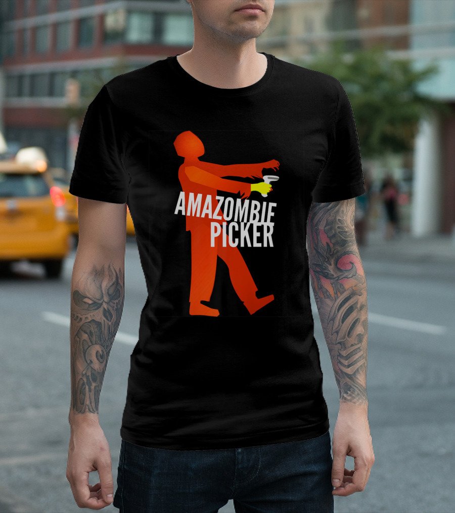 Amazombie Picker Walking Zombie Silhouette with Coffee Cup T-Shirt
