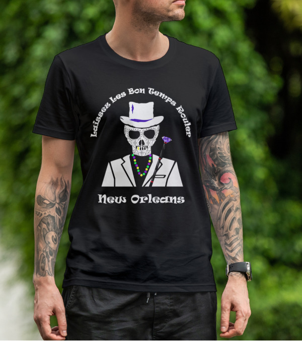 Laissez Les Bon Temps Rouler New Orleans Baron Samedi Skull Cane Beads T-Shirt