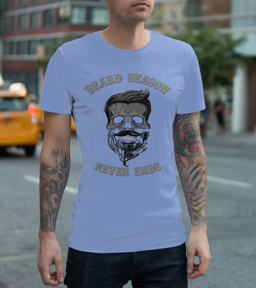 Beard Season Never Ends Skull With Mustache And Hair T-Shirt