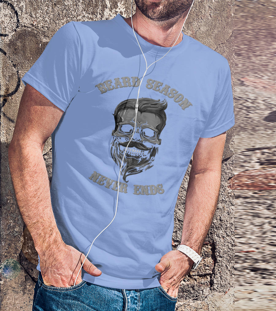 Beard Season Never Ends Skull With Mustache And Hair T-Shirt