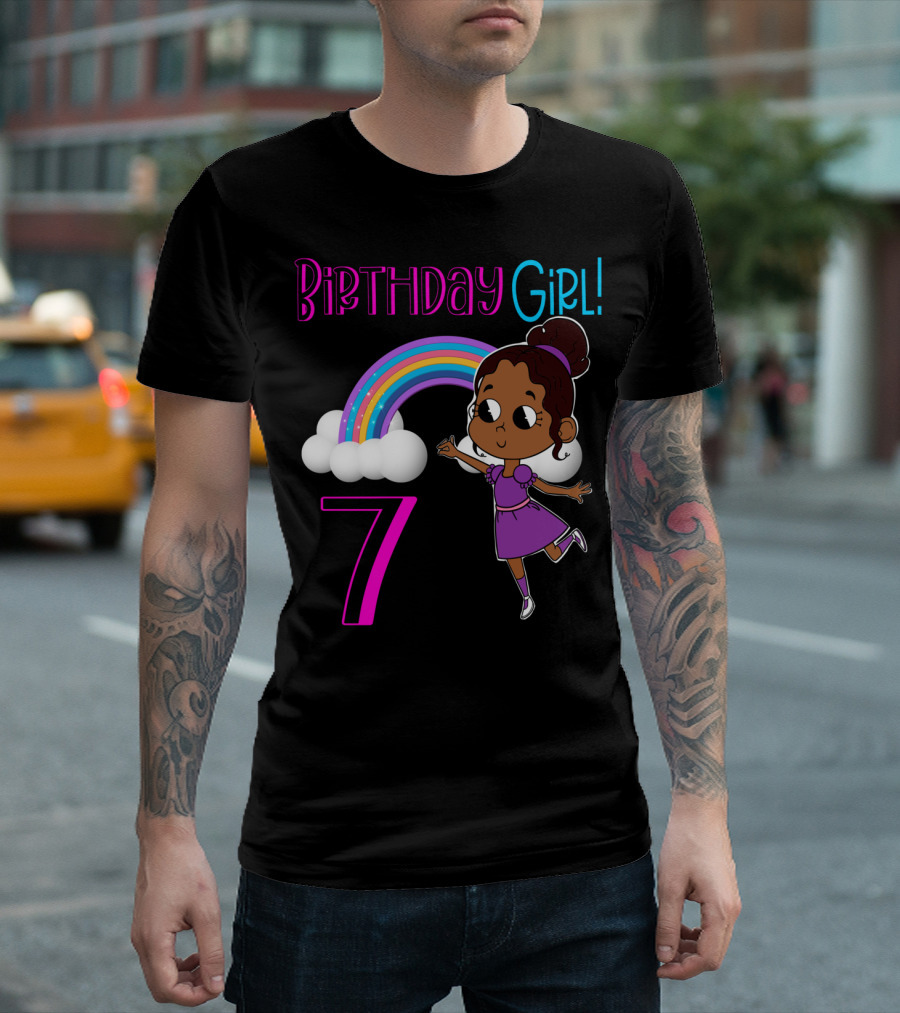Birthday Girl 7 African American With Rainbow And Dancing Child T-Shirt