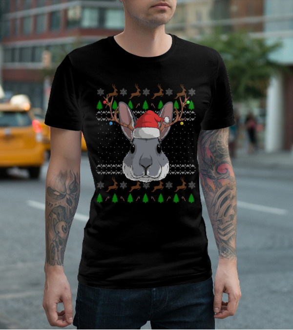 Bunny Rabbit Wearing Santa Claus Hat With Antler Reindeer And Christmas Trees T-Shirt