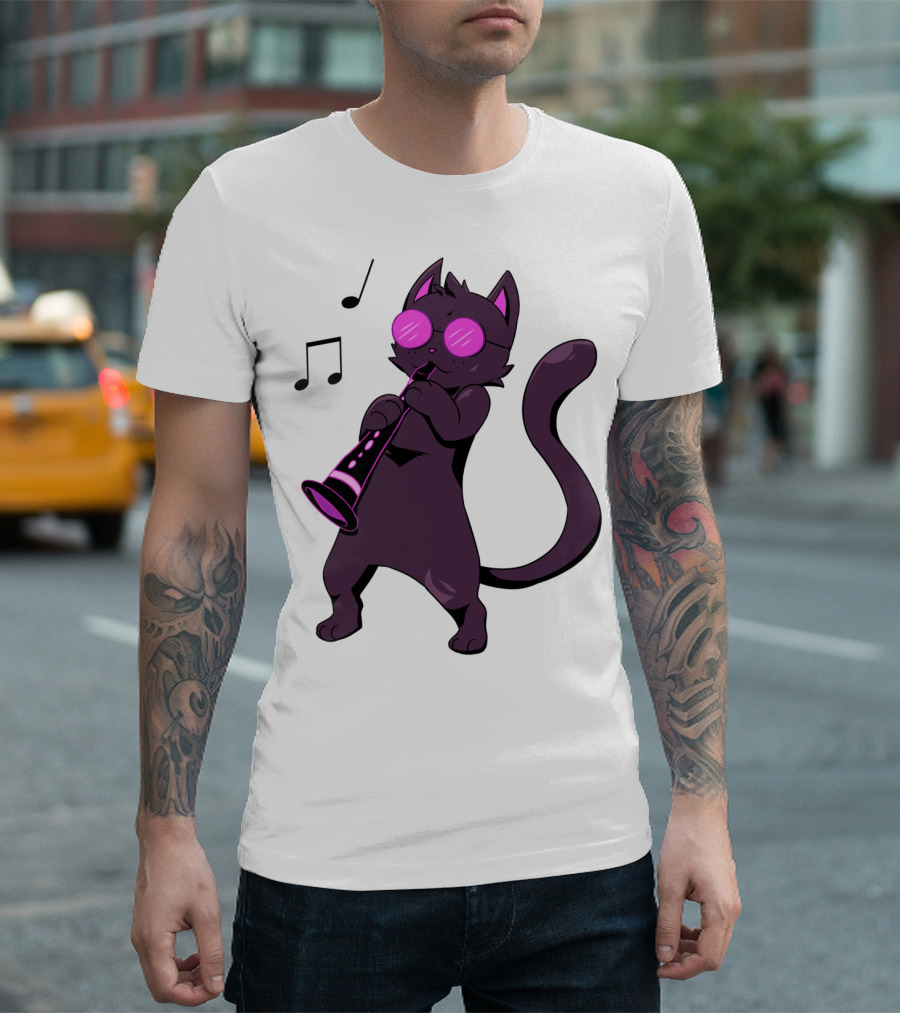 Clarinet Playing Cool Cat Hippy Hipster Kitty with Sunglasses T-Shirt