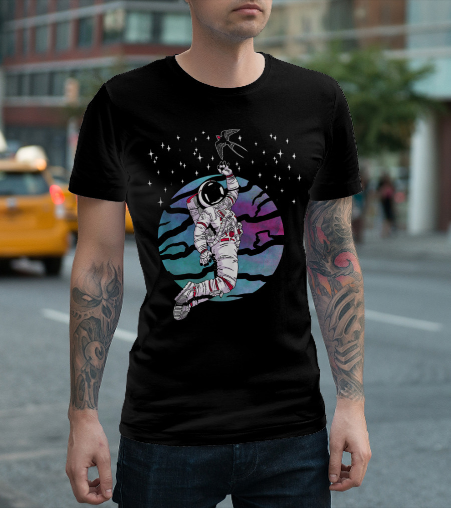 Cosmic Apparition Astronaut Reaches for Celestial Bird in Starry Universe T-Shirt