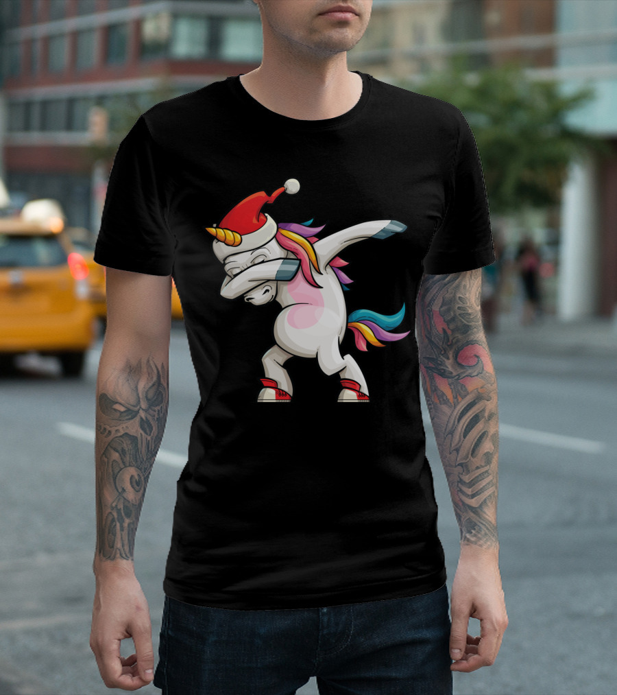 Dabbing Santacorn Xmas Funny Santa Unicorn Rainbow Mane Santa Hat T-Shirt