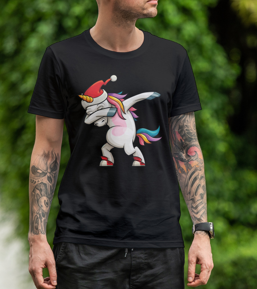 Dabbing Santacorn Xmas Funny Santa Unicorn Rainbow Mane Santa Hat T-Shirt