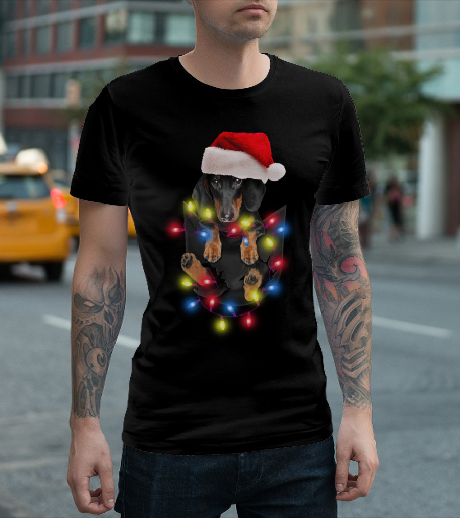 Dachshund Santa Hat Christmas Lights in Pocket Festive Holiday Puppy T-Shirt
