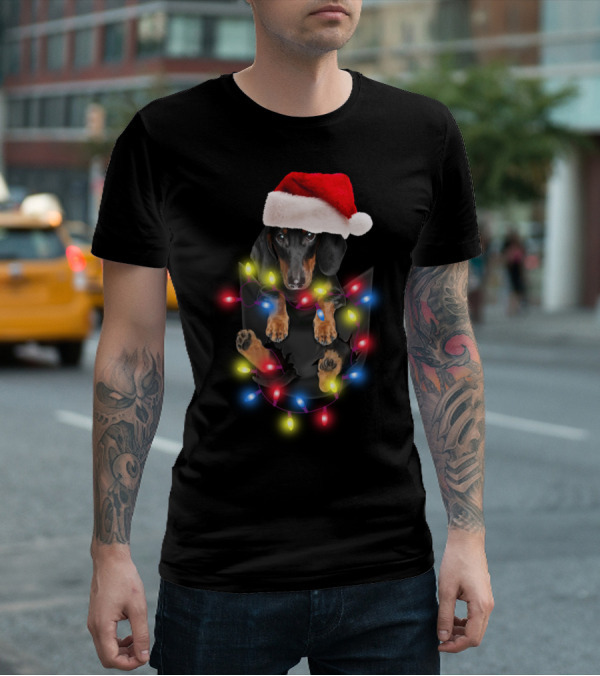 Dachshund Santa Hat Christmas Lights In Pocket Festive Holiday Puppy T-Shirt