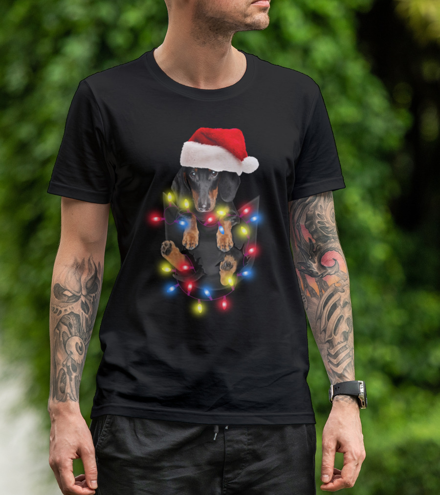 Dachshund Santa Hat Christmas Lights In Pocket Festive Holiday Puppy T-Shirt