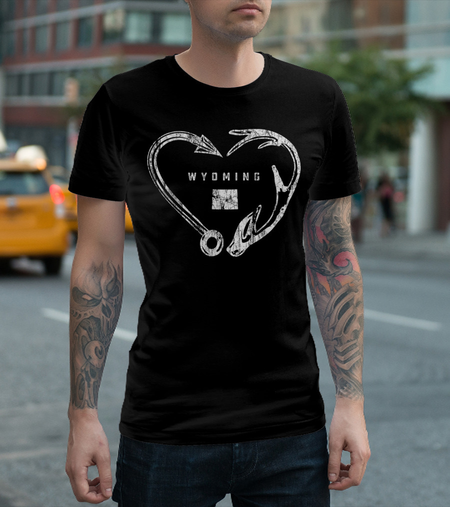 Wyoming Heart Fishing Antler Hook T-Shirt