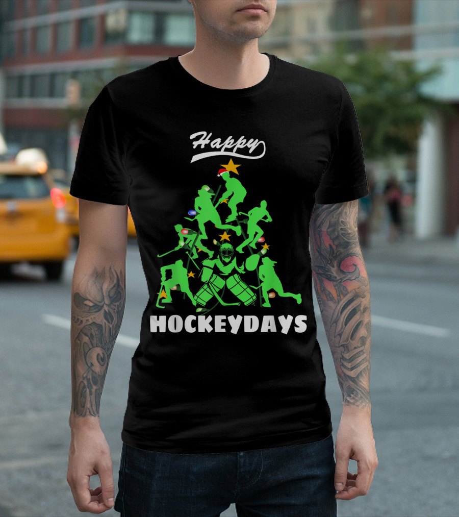 Happy Hockeydays Funny Ice Hockey Xmas Tree T-Shirt