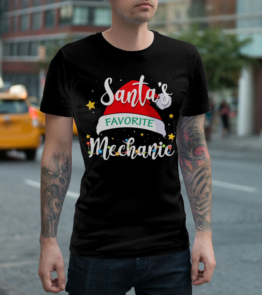 Santa's Favorite Mechanic Christmas Costume with Santa Hat and Holiday Lights T-Shirt