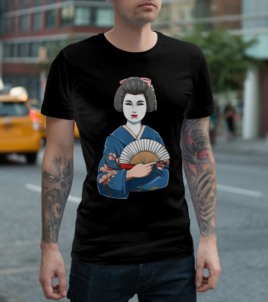Geisha Girl Traditional Japanese Kimono Fan Blossoms T-Shirt