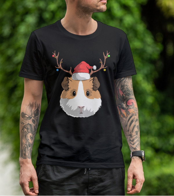 Santa Claus Hat Guinea Pig Reindeer Christmas Holiday T-Shirt