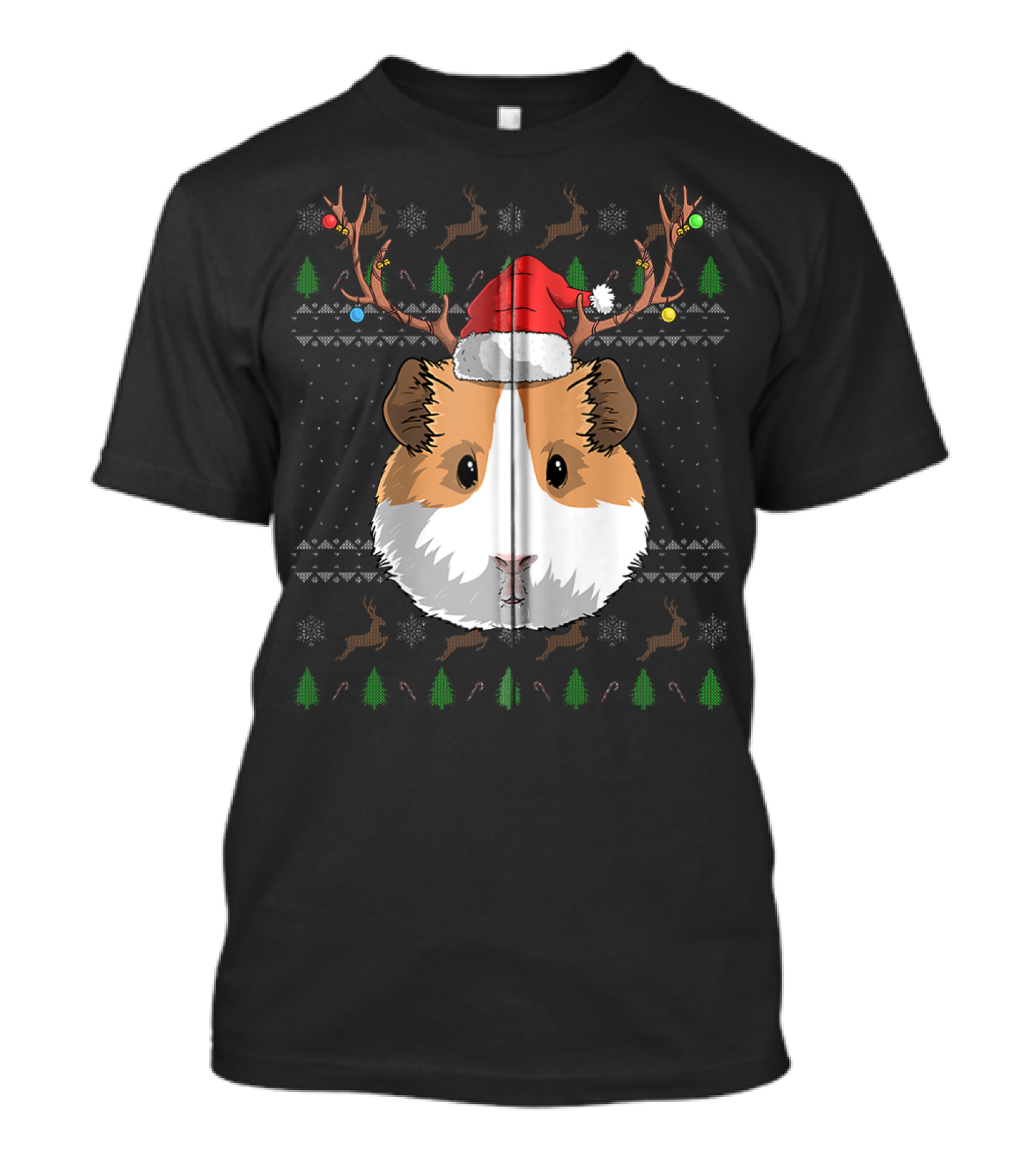 Guinea Pig Santa Claus Hat Reindeer Antlers Christmas Trees And Snowflakes T-Shirt