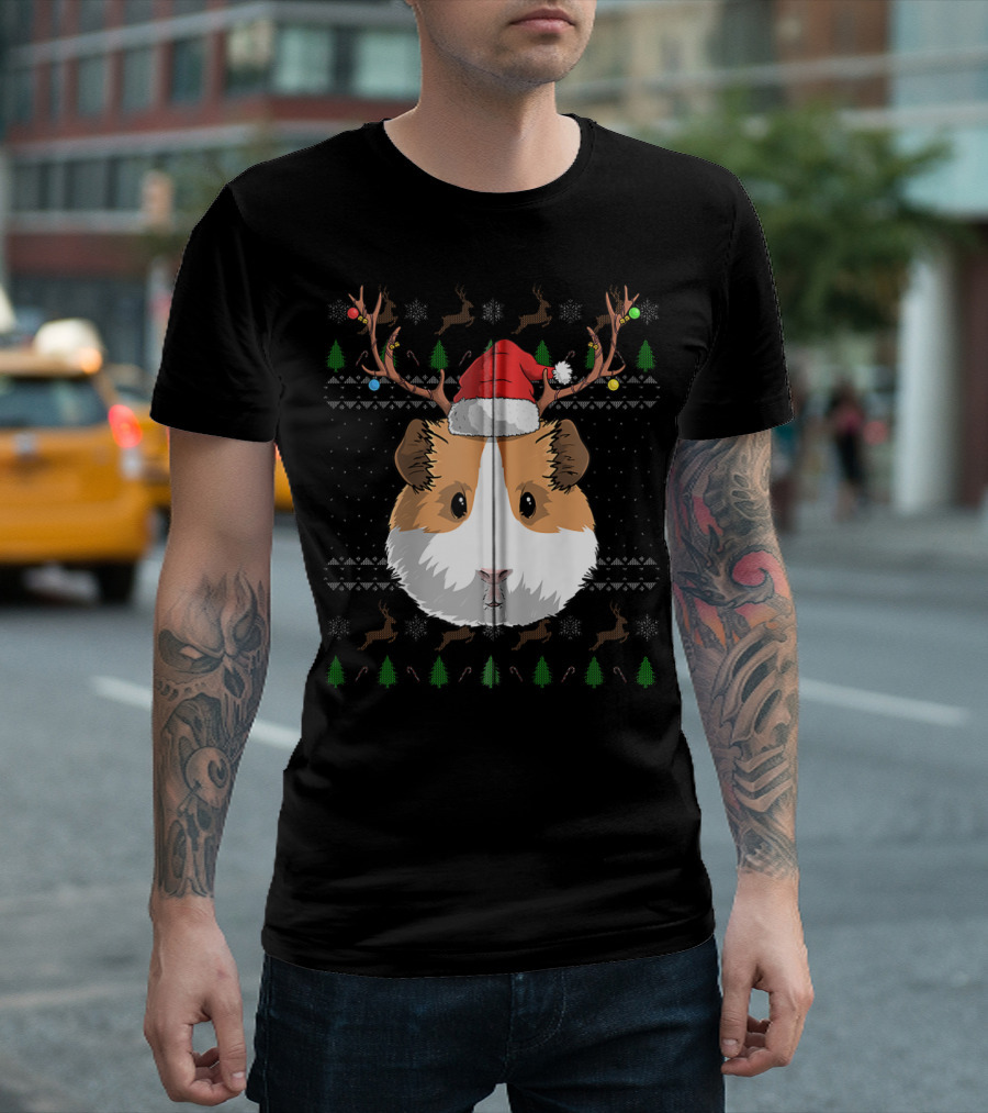 Guinea Pig Santa Claus Hat Reindeer Antlers Christmas Trees And Snowflakes T-Shirt
