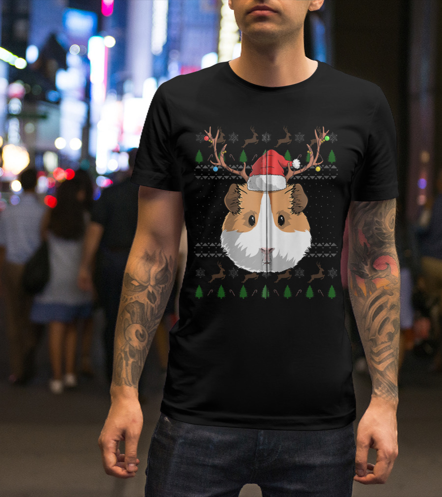 Guinea Pig Santa Claus Hat Reindeer Antlers Christmas Trees And Snowflakes T-Shirt