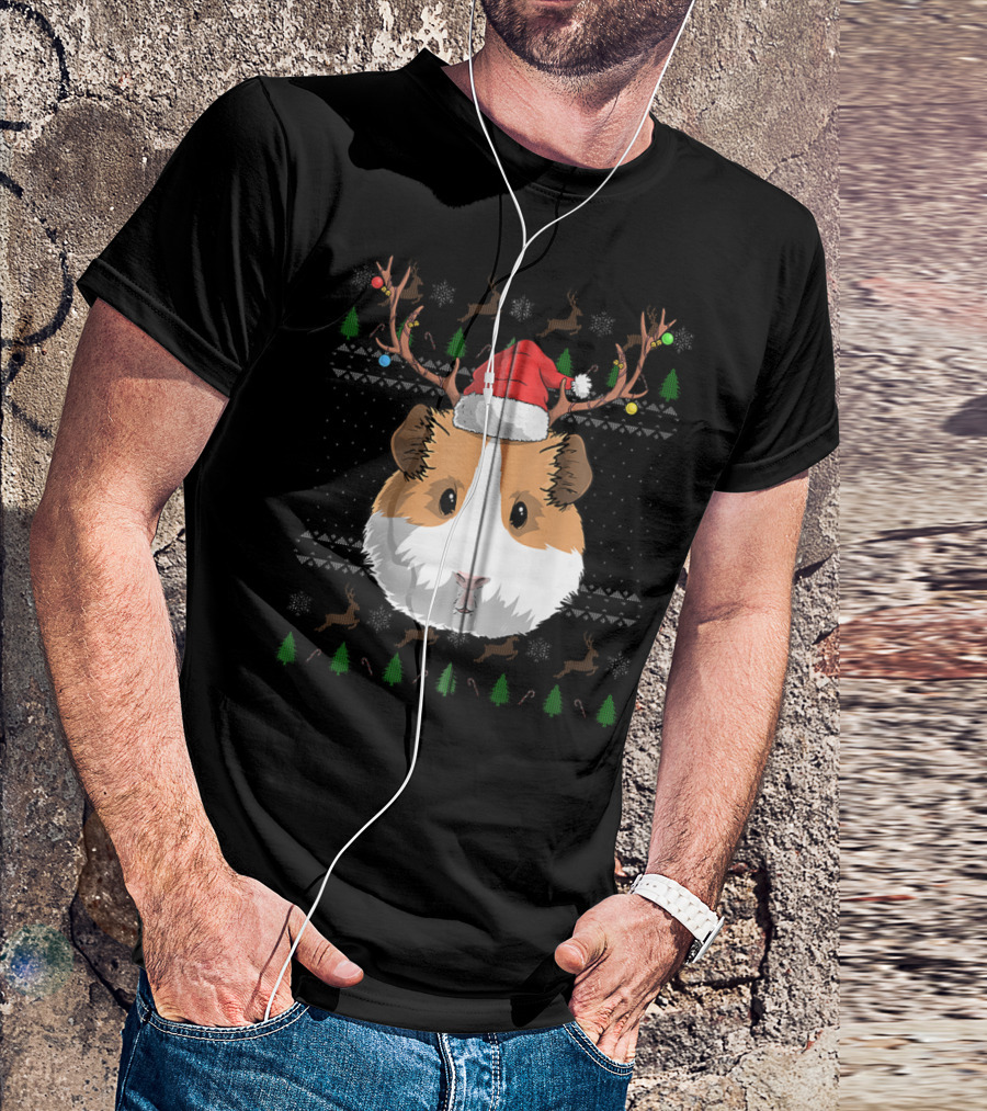 Guinea Pig Santa Claus Hat Reindeer Antlers Christmas Trees And Snowflakes T-Shirt