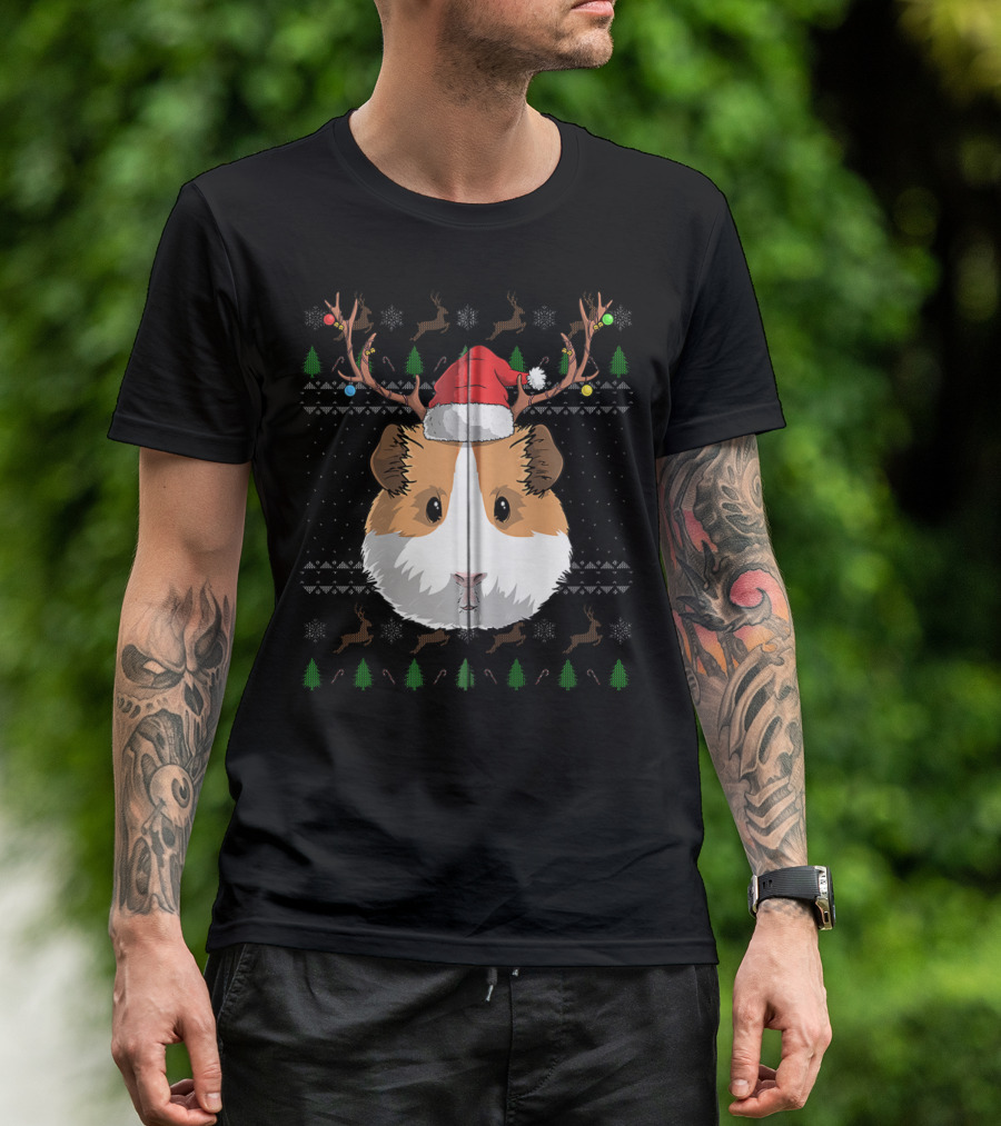 Guinea Pig Santa Claus Hat Reindeer Antlers Christmas Trees And Snowflakes T-Shirt