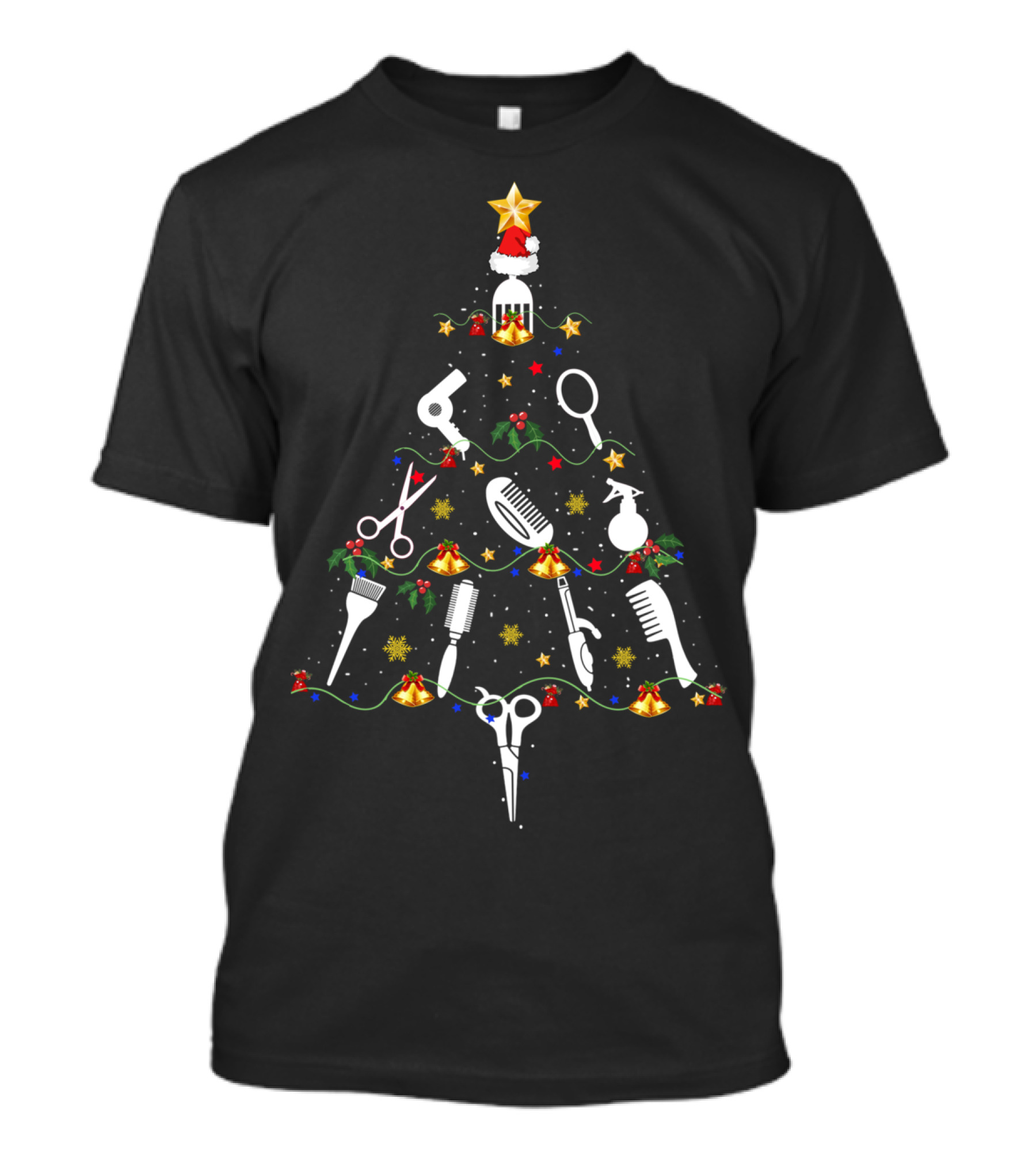 Hairdresser Lover Funny Christmas Tree Scissors Comb Hairdryer Ornaments T-Shirt