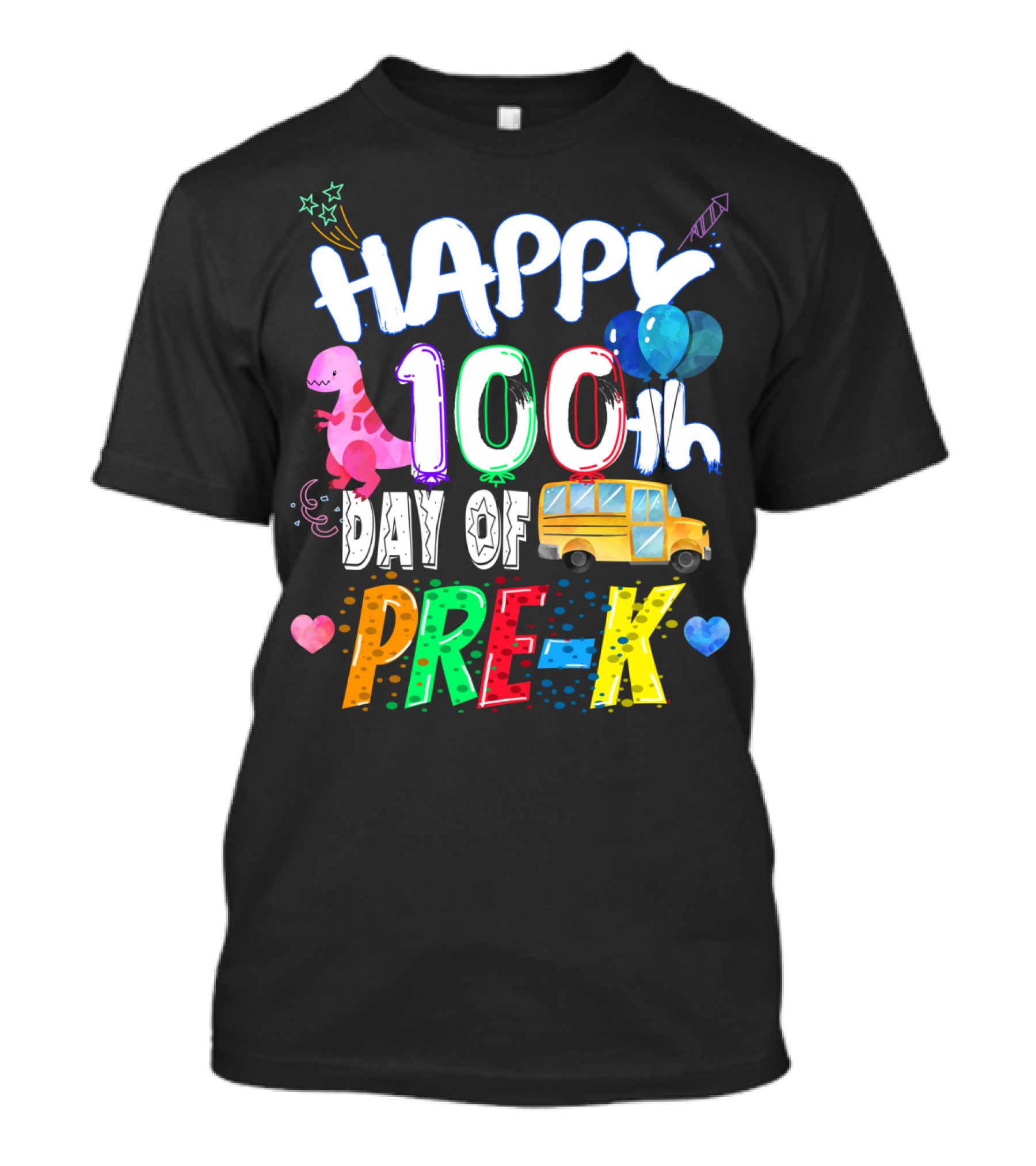 Happy 100th Day Of Pre-K Dinosaur Balloons School Bus T-Shirt