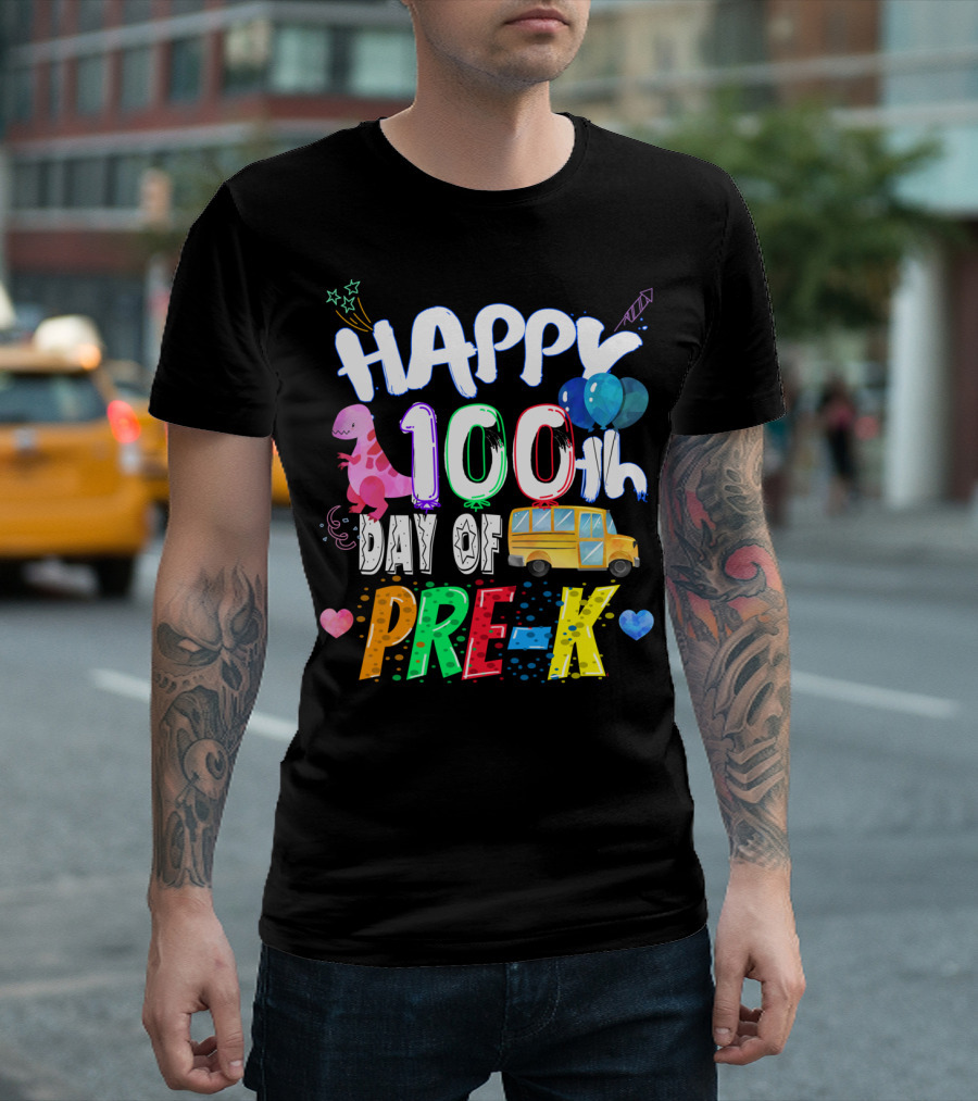 Happy 100th Day Of Pre-K Dinosaur Balloons School Bus T-Shirt