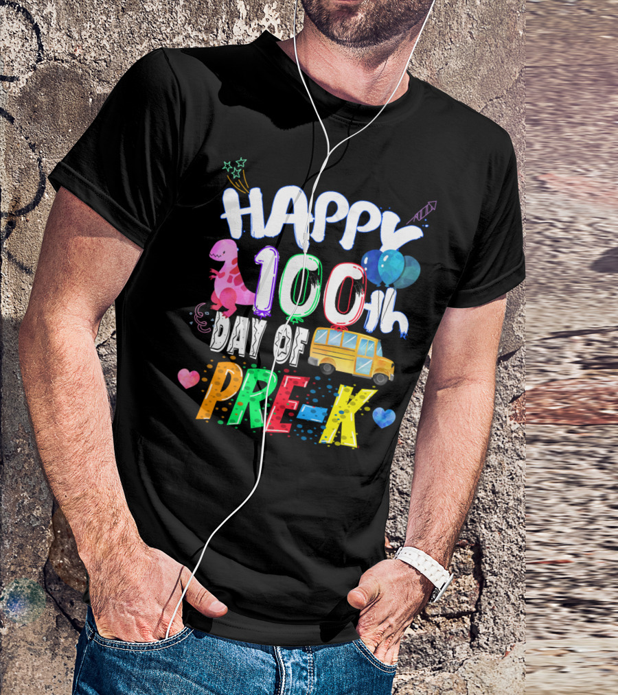 Happy 100th Day Of Pre-K Dinosaur Balloons School Bus T-Shirt