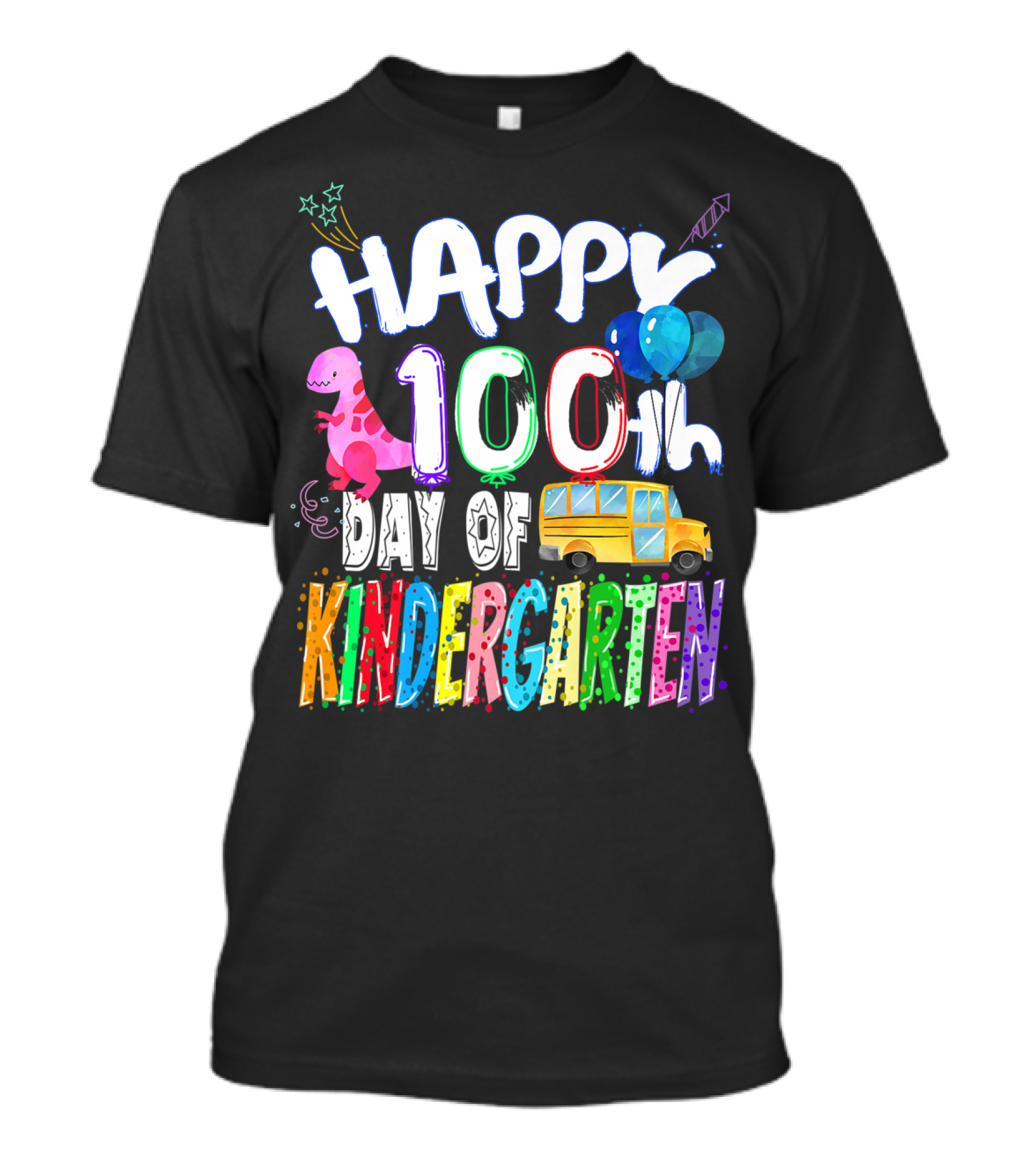 Happy 100Th Day Of Kindergarten Dinosaur School Bus Balloons T-Shirt