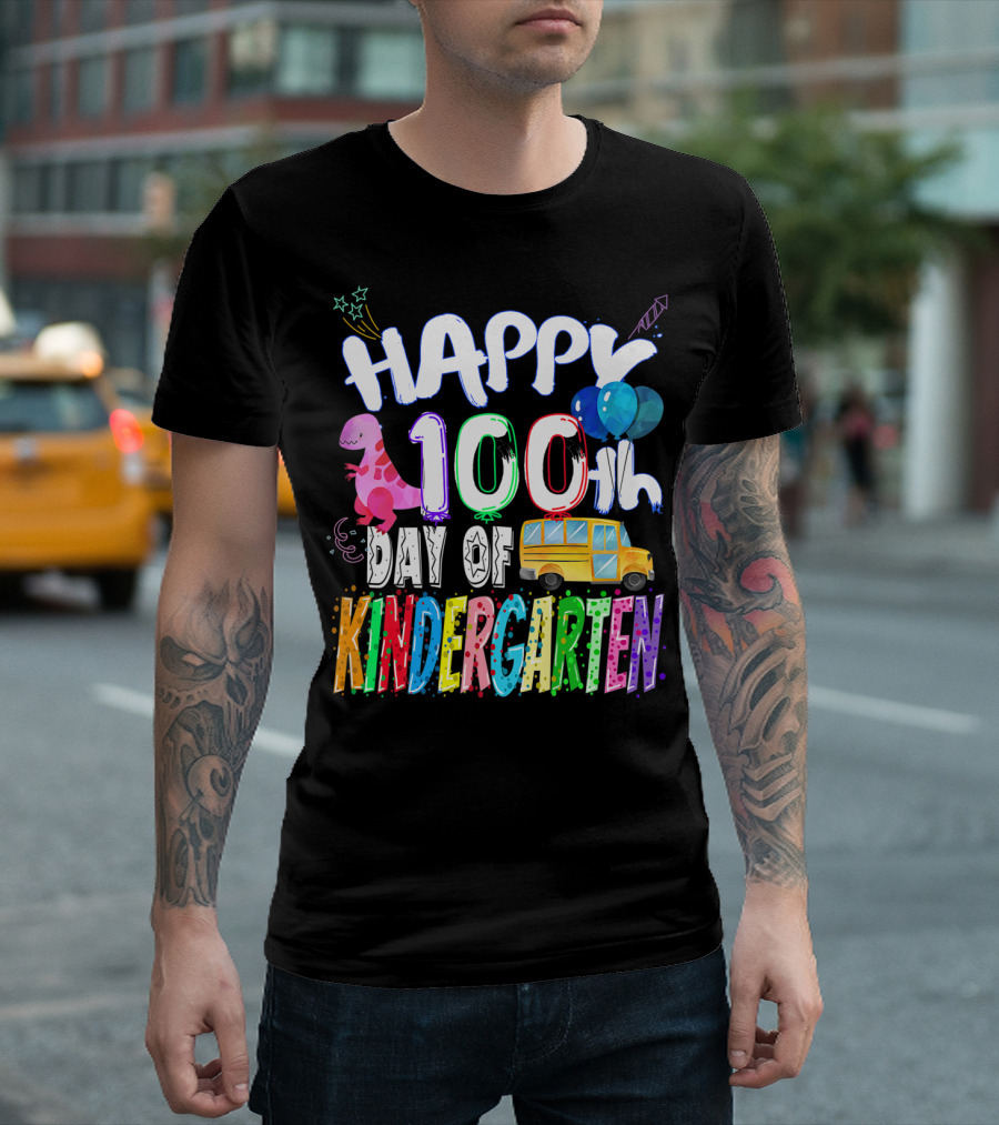 Happy 100Th Day Of Kindergarten Dinosaur School Bus Balloons T-Shirt