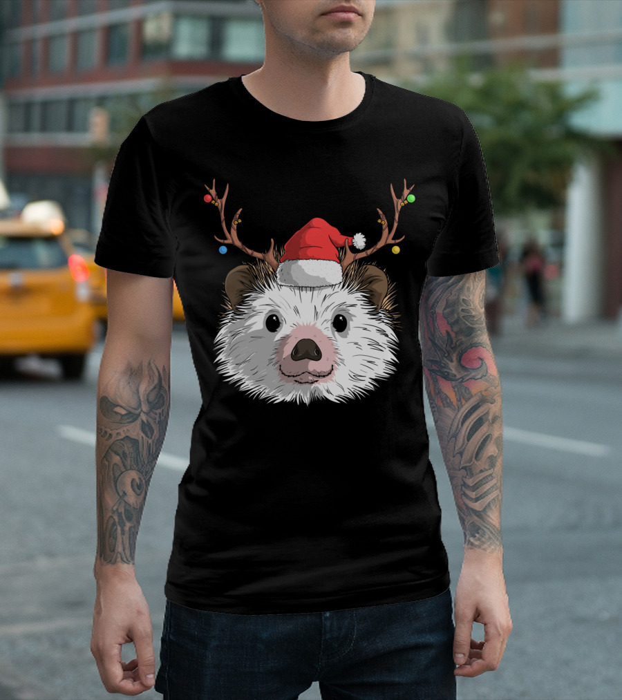 Hedgehog Santa Claus Hat Antlers Christmas Holiday T-Shirt