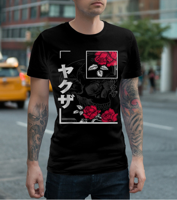 Urban Yakuza Skull And Red Roses T-Shirt