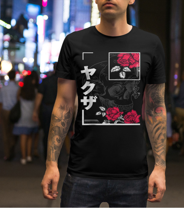 Urban Yakuza Skull And Red Roses T-Shirt
