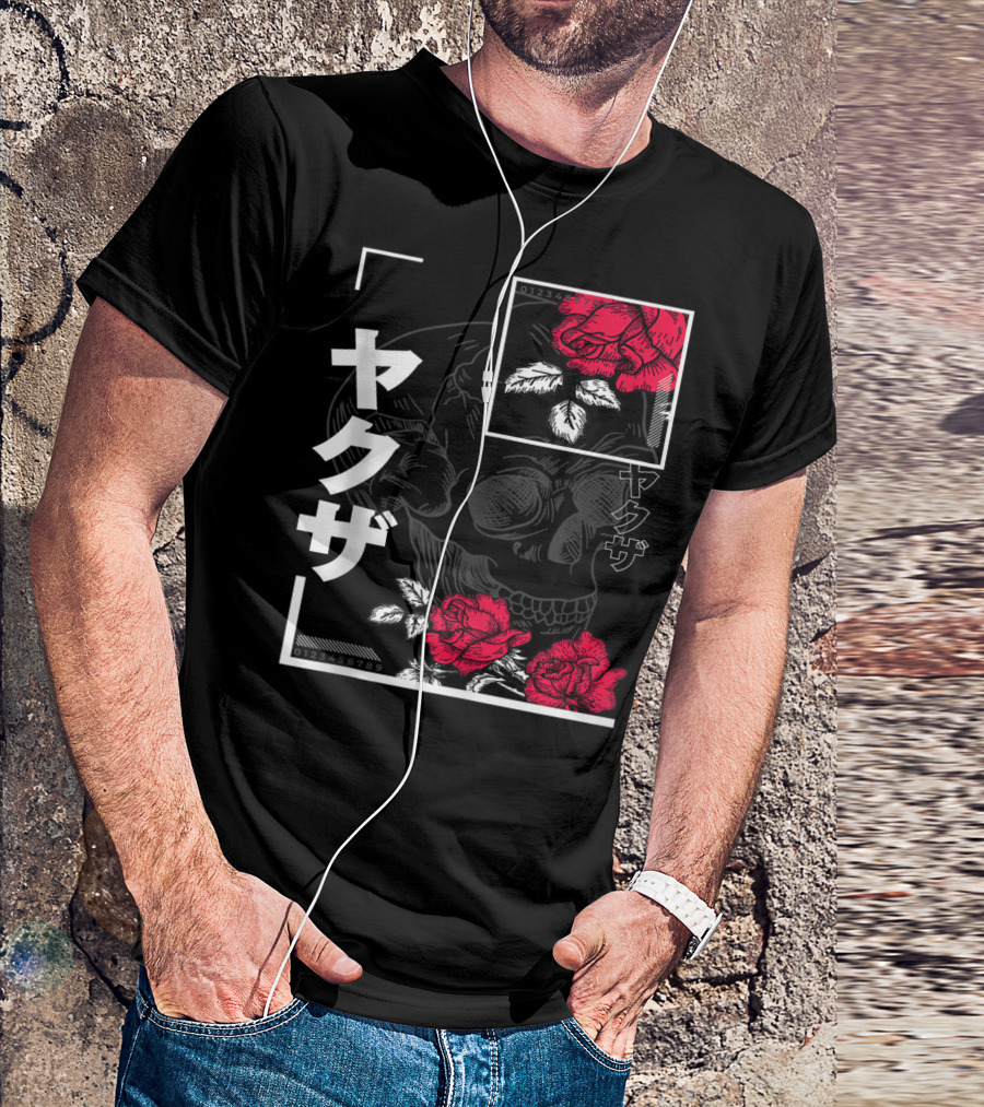 Urban Yakuza Skull And Red Roses T-Shirt