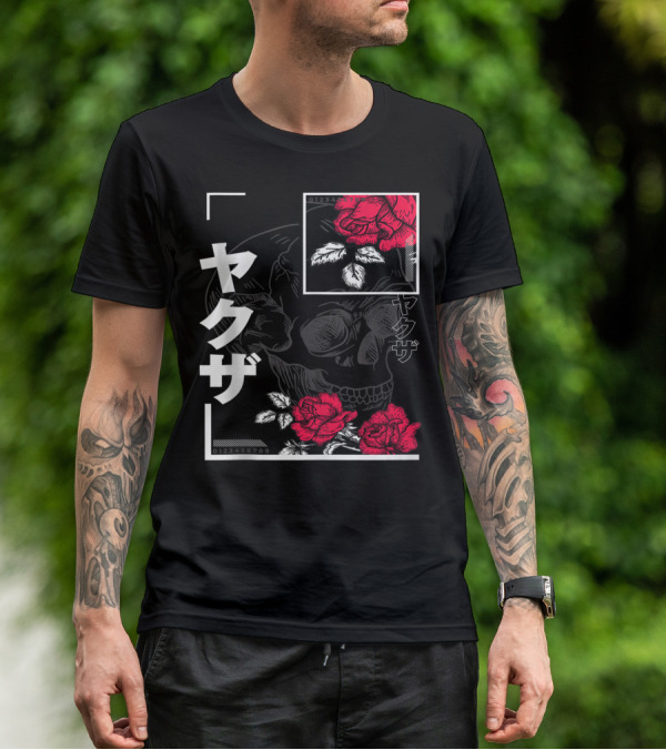 Urban Yakuza Skull And Red Roses T-Shirt