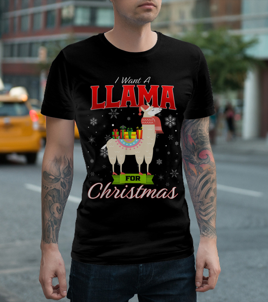 I Want A Llama For Christmas Santa Hat Snowflakes T-Shirt