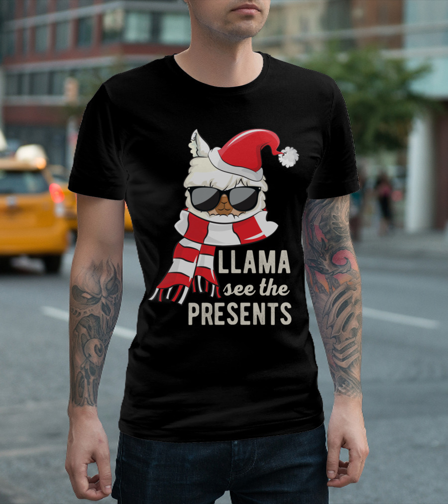 Llama See The Presents Funny Hat Xmas Alpaca Christmas Santa Scarf Sunglasses T-Shirt