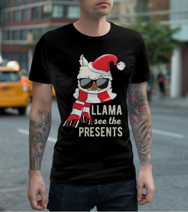 Llama See The Presents Funny Hat Xmas Alpaca Christmas Santa Scarf Sunglasses T-Shirt