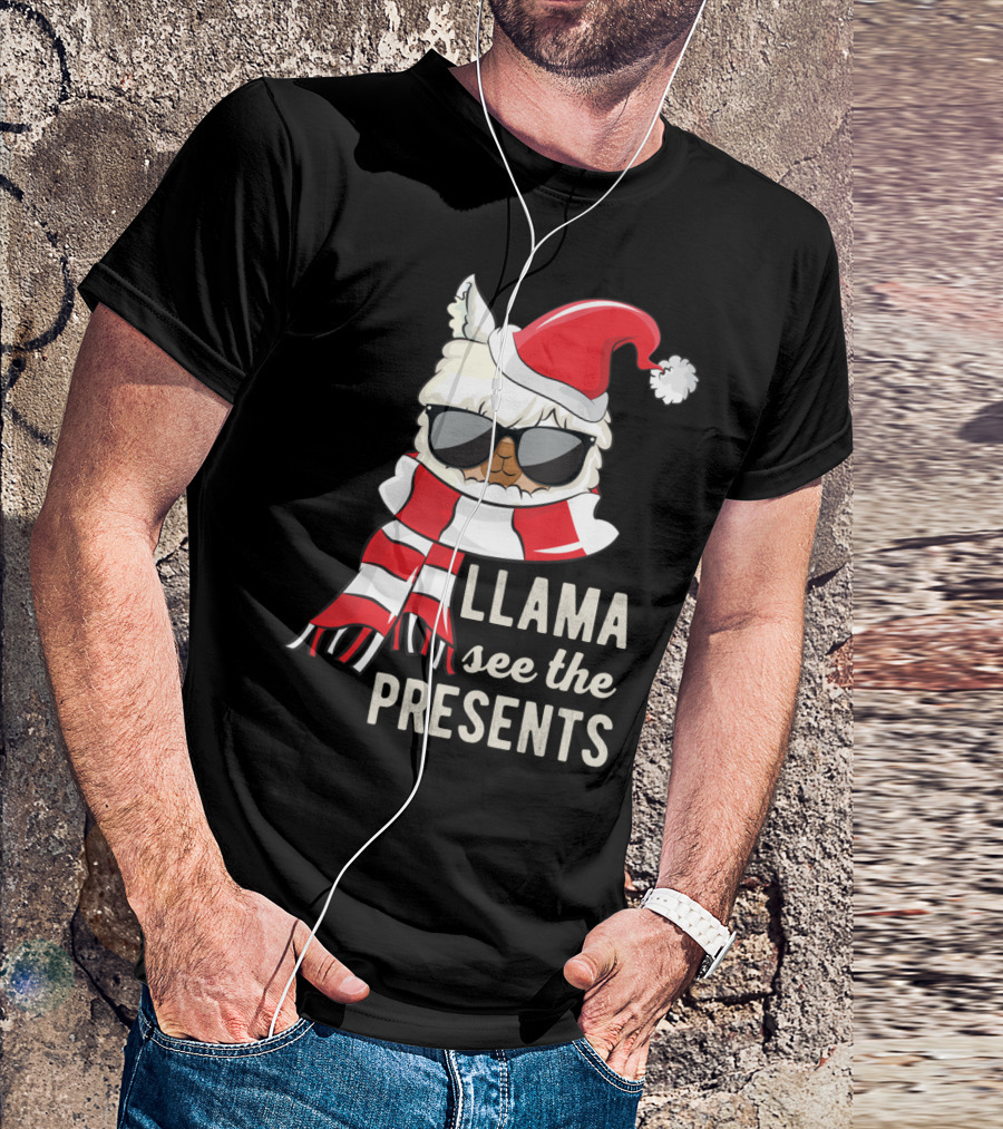 Llama See The Presents Funny Hat Xmas Alpaca Christmas Santa Scarf Sunglasses T-Shirt