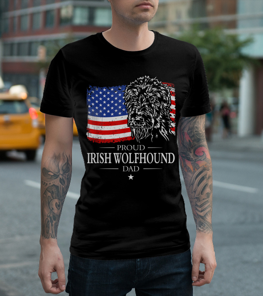 Proud Irish Wolfhound Dad American Flag T-Shirt