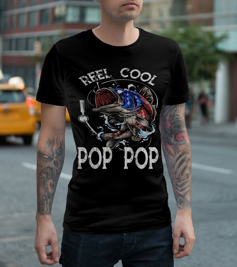 Reel Cool Pop Pop American Flag Bass Fish T-Shirt