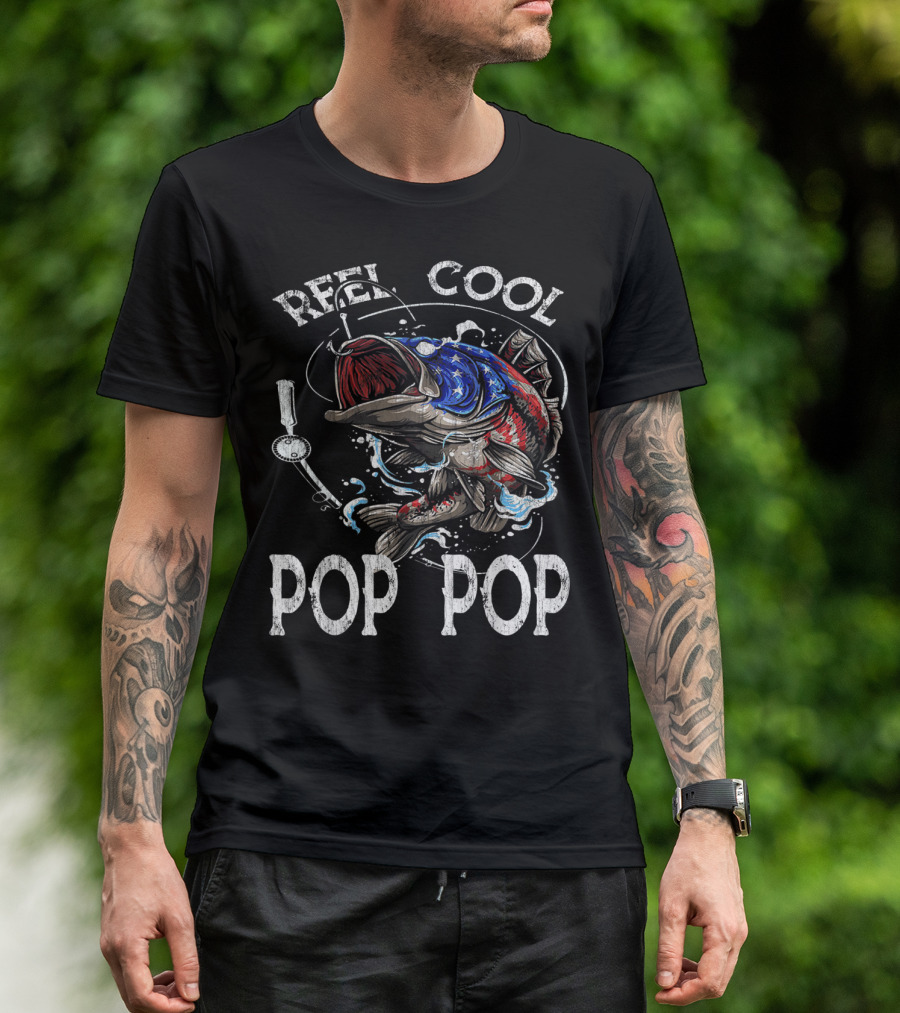 Reel Cool Pop Pop American Flag Bass Fish T-Shirt