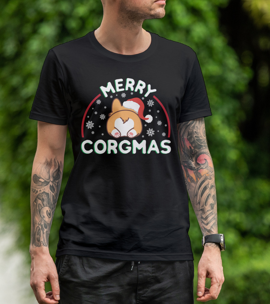 Merry Corgmas Corgi Doggo With Santa Hat And Snowflakes T-Shirt