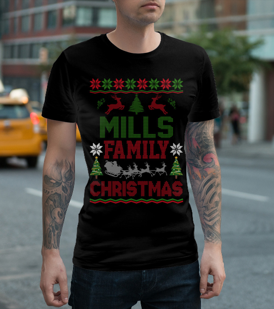 Mills Family Christmas Reindeer Sleigh Ugly Sweater Holiday Trees T-Shirt
