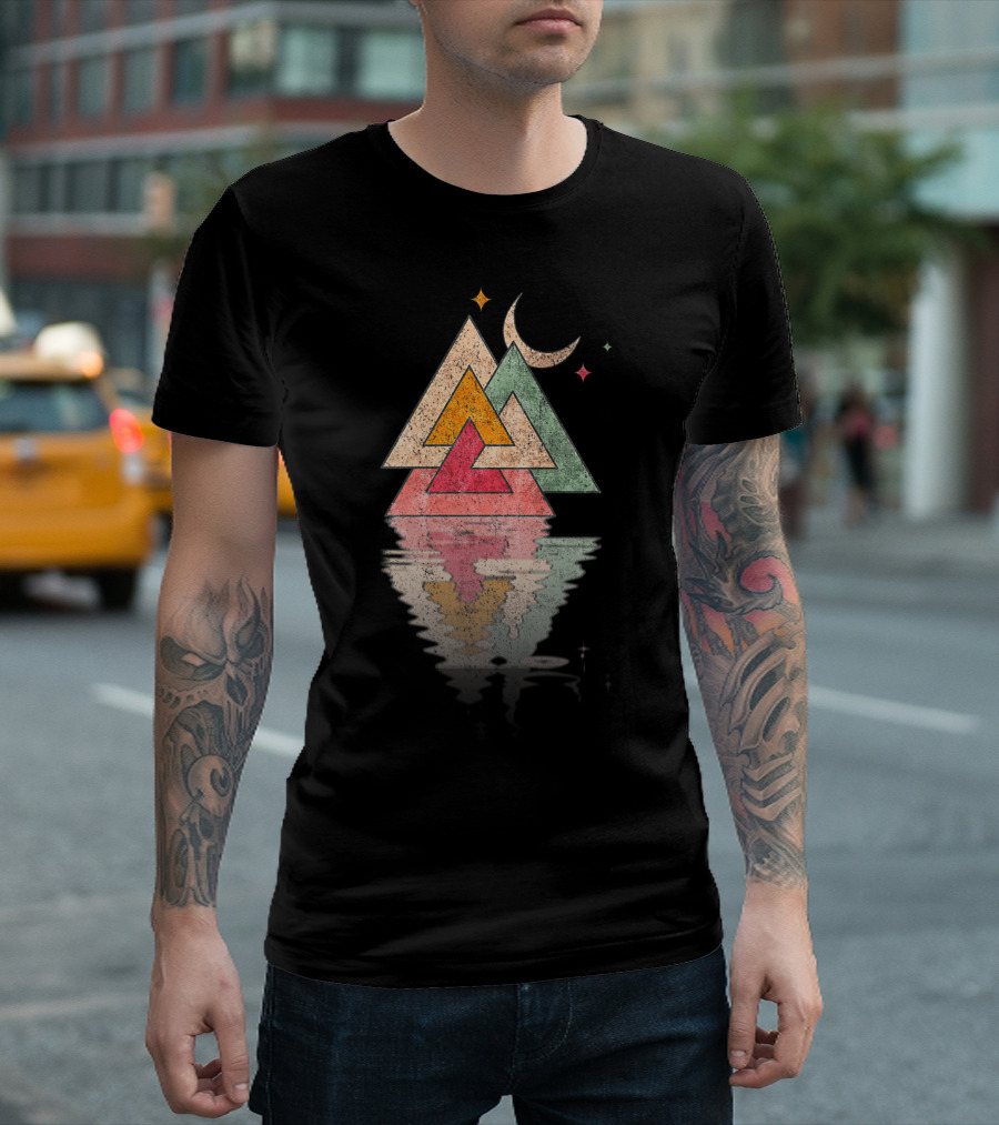 Minimal Mountains Valknut Geometry Moon Reflection T-Shirt