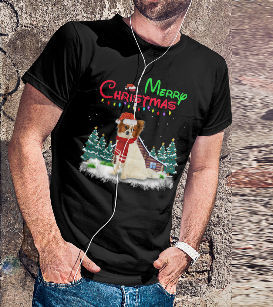 Papillon Dog With Santa Hat And Christmas Lights In Snowy Holiday Scene T-Shirt